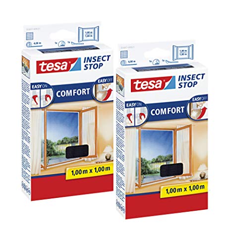 tesa Insect Stop COMFORT Fliegengitter Fenster - Insektenschutz mit Klettband selbstklebend - Fliegen Netz ohne Bohren (100 cm x 100 cm, 2er Pack/Anthrazit (Durchsichtig)) von tesa