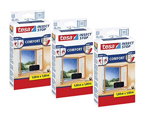 tesa Insect Stop COMFORT Fliegengitter Fenster - Insektenschutz mit Klettband selbstklebend - Fliegen Netz ohne Bohren (100 cm x 100 cm, 3er Pack/Anthrazit (Durchsichtig)) von tesa