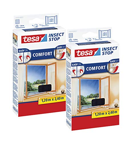 tesa Insect Stop COMFORT Fliegengitter Fenster - Insektenschutz mit Klettband selbstklebend - Fliegen Netz ohne Bohren (120 cm x 240 cm, 2er Pack/Anthrazit (Durchsichtig)) von tesa