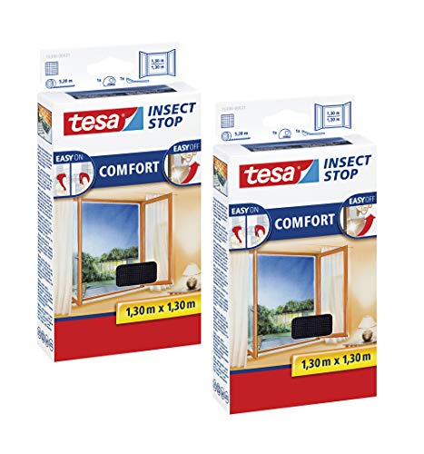 tesa Insect Stop COMFORT Fliegengitter Fenster - Insektenschutz mit Klettband selbstklebend - Fliegen Netz ohne Bohren (130 cm x 130 cm, 2er Pack/Anthrazit (Durchsichtig)) von tesa