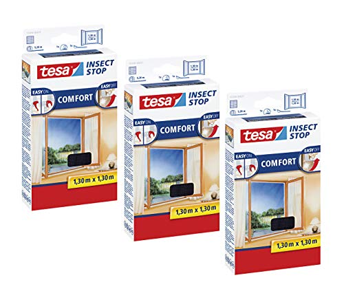 tesa Insect Stop COMFORT Fliegengitter Fenster - Insektenschutz mit Klettband selbstklebend - Fliegen Netz ohne Bohren (130 cm x 130 cm, 3er Pack/Anthrazit (Durchsichtig)) von tesa