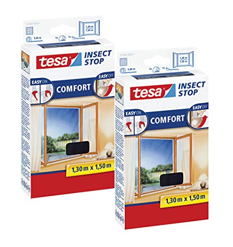 tesa Insect Stop COMFORT Fliegengitter Fenster - Insektenschutz mit Klettband selbstklebend - Fliegen Netz ohne Bohren (130 cm x 150 cm, 2er Pack/Anthrazit (Durchsichtig)) von tesa