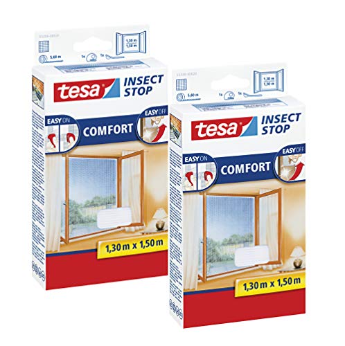 tesa Insect Stop COMFORT Fliegengitter Fenster - Insektenschutz mit Klettband selbstklebend - Fliegen Netz ohne Bohren (130 cm x 150 cm, 2er Pack/Weiß (Leichter Sichtschutz)) von tesa