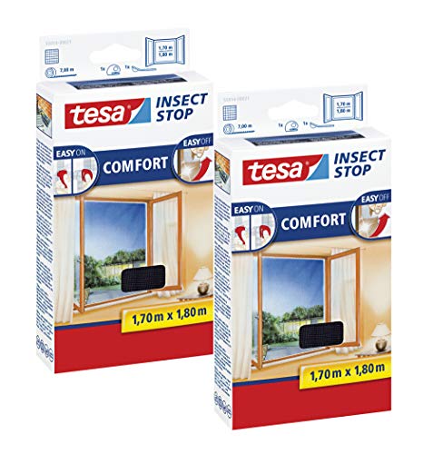 tesa Insect Stop COMFORT Fliegengitter Fenster - Insektenschutz mit Klettband selbstklebend - Fliegen Netz ohne Bohren (170 cm x 180 cm, 2er Pack/Anthrazit (Durchsichtig)) von tesa