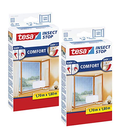 tesa Insect Stop COMFORT Fliegengitter Fenster - Insektenschutz mit Klettband selbstklebend - Fliegen Netz ohne Bohren (170 cm x 180 cm, 2er Pack/Weiß (Leichter Sichtschutz)) von tesa