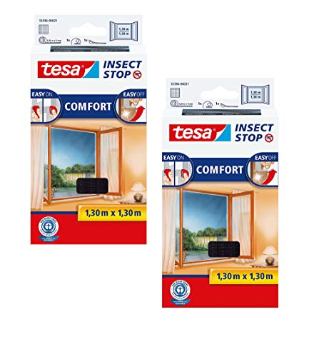 tesa Insect Stop COMFORT Fliegengitter Fenster - Insektenschutz mit Klettband selbstklebend - Fliegen Netz ohne Bohren (2er Pack /130 cm x 130 cm, Anthrazit (Durchsichtig)) von tesa