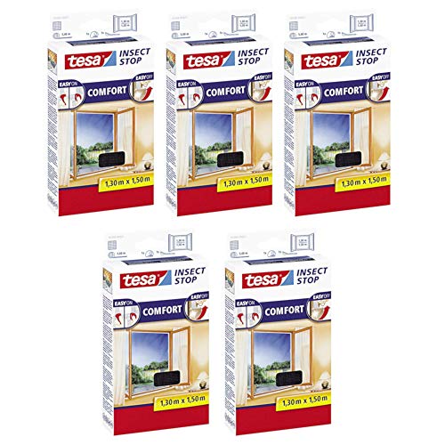 tesa Insect Stop COMFORT Fliegengitter Fenster - Insektenschutz mit Klettband selbstklebend - Fliegen Netz ohne Bohren (5er Pack /130 cm x 150 cm, Anthrazit (Durchsichtig)) von tesa
