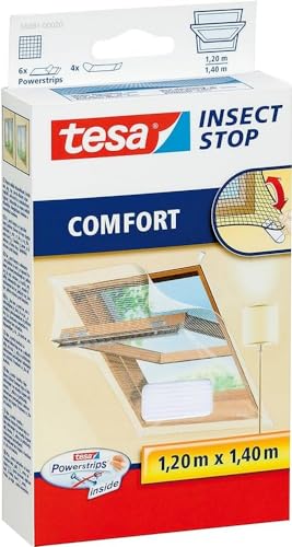 tesa Insect Stop COMFORT Fliegengitter für Dachfenster - Insektenschutz für Fenster - Fliegen Netz selbstklebend ohne Bohren - weiß (leichter sichtschutz), 1,20 m x 1,40 m von tesa