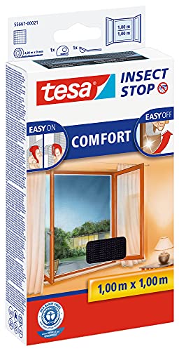 tesa Insect Stop COMFORT Fliegengitter für Fenster - Insektenschutz mit Klettband selbstklebend - Fliegen Netz ohne Bohren - anthrazit (durchsichtig), 100 cm x 100 cm von tesa