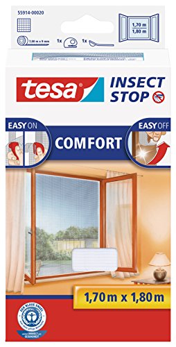 tesa Insect Stop COMFORT Fliegengitter für Fenster - Insektenschutz mit Klettband selbstklebend - Fliegen Netz ohne Bohren - weiß (leichter sichtschutz), 170 cm x 180 cm von tesa