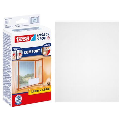 tesa Insect Stop COMFORT Fliegengitter für Fenster - Insektenschutz mit Klettband selbstklebend - Fliegen Netz ohne Bohren - weiß (leichter sichtschutz), 170 cm x 180 cm von tesa