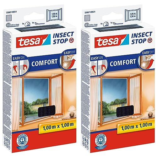 tesa Insect Stop COMFORT Fliegengitter für Fenster - Insektenschutz mit Klettband selbstklebend - Fliegen Netz ohne Bohren - anthrazit (durchsichtig), 100 cm x 100 cm (Packung mit 2) von tesa