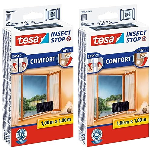 tesa Insect Stop COMFORT Fliegengitter für Fenster - Insektenschutz mit Klettband selbstklebend - Fliegen Netz ohne Bohren - anthrazit (durchsichtig), 100 cm x 100 cm (Packung mit 2) von tesa