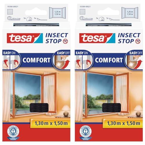 tesa Insect Stop COMFORT Fliegengitter für Fenster - Insektenschutz mit Klettband selbstklebend - Fliegen Netz ohne Bohren - anthrazit (durchsichtig), 130 cm x 150 cm (Packung mit 2) von tesa