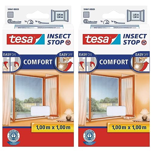 tesa Insect Stop COMFORT Fliegengitter für Fenster - Insektenschutz mit Klettband selbstklebend - Fliegen Netz ohne Bohren - weiß (leichter sichtschutz), 100 cm x 100 cm (Packung mit 2) von tesa