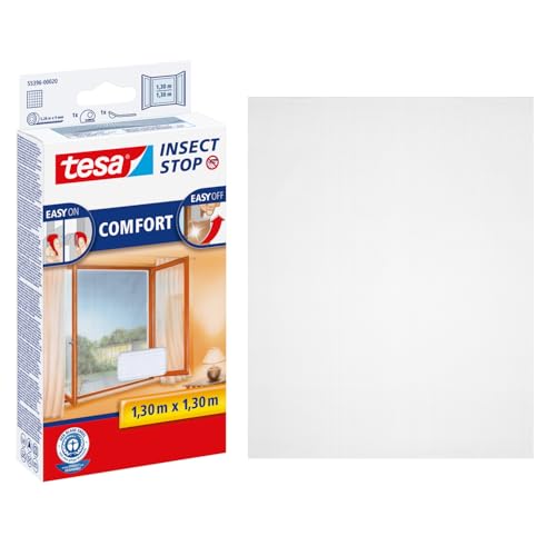 tesa Insect Stop Comfort Fliegengitter für Fenster - Insektenschutz mit Klettband selbstklebend - Fliegen Netz ohne Bohren - weiß (Leichter sichtschutz), 130 cm x 130 cm von tesa