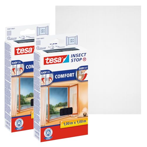 tesa Insect Stop COMFORT Fliegengitter für Fenster im 2er Pack- Insektenschutz mit Klettband selbstklebend - 2x Fliegen Netz ohne Bohren - anthrazit (durchsichtig), 100 cm x 100 cm von tesa