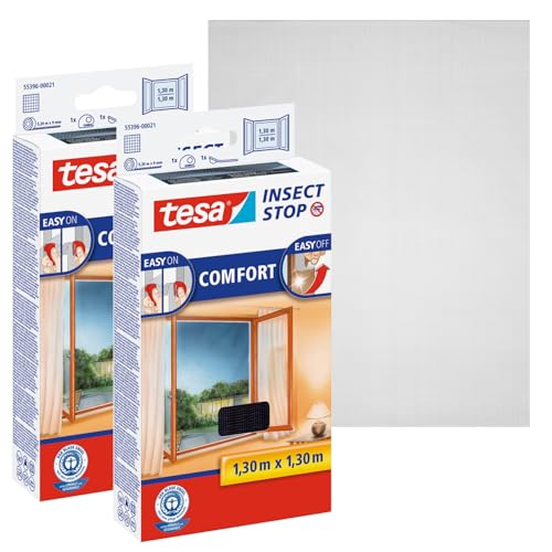 tesa Insect Stop COMFORT Fliegengitter für Fenster im 2er Pack - Insektenschutz mit Klettband selbstklebend - Fliegen Netz ohne Bohren - anthrazit (durchsichtig), 2x 130 cm x 130 cm von tesa