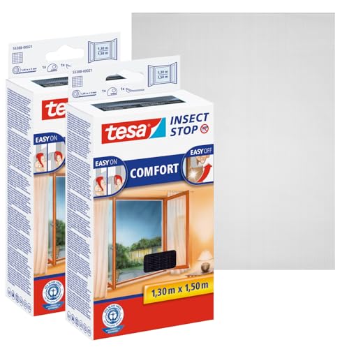 tesa Insect Stop COMFORT Fliegengitter für Fenster im 2er Pack - Insektenschutz mit Klettband selbstklebend - Fliegen Netz ohne Bohren - anthrazit (durchsichtig), 2x 130 cm x 150 cm von tesa