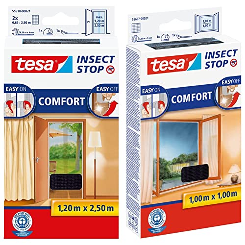 tesa Insect Stop COMFORT Fliegengitter für Türen - Insektenschutz Tür mit Klettband anthrazit (2 x 65 cm)120 cm x 250 cm & Insect Stop COMFORT Fliegengitter für Fenster anthrazit, 100 cm x 100 cm von tesa