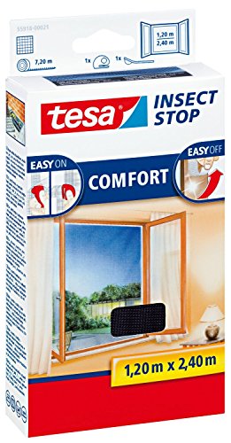 tesa Insect Stop COMFORT Fliegengitter für bodentiefe Fenster / Insektenschutz mit selbstklebendem Klettband in Anthrazit / 120 cm x 240 cm (2er Pack) von tesa