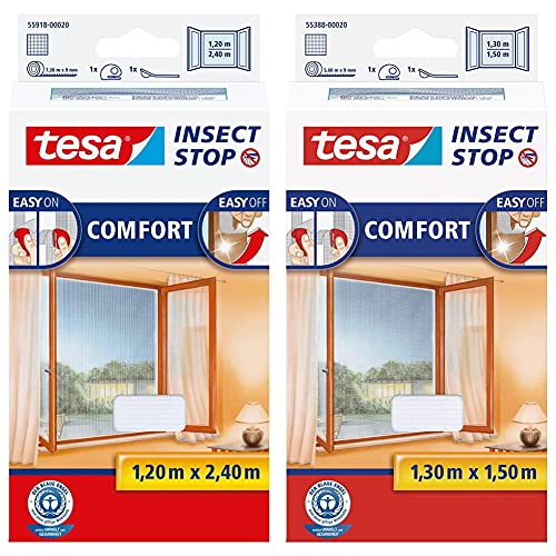 tesa Insect Stop COMFORT Fliegengitter für bodentiefe Fenster, weiß, 120 cm x 240 cm & Insect Stop COMFORT Fliegengitter für Fenste, weiß (leichter sichtschutz), 130 cm x 150 cm von tesa