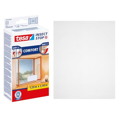 tesa Insect Stop Comfort Fliegengitter für bodentiefe Fenster - Insektenschutz selbstklebend - Fliegen Netz ohne Bohren - weiß (Leichter sichtschutz), 120 cm x 240 cm von tesa