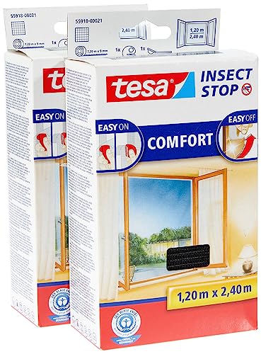 tesa Insect Stop COMFORT Fliegengitter für bodentiefe Fenster im 2er Pack - Insektenschutz selbstklebend - Fliegen Netz ohne Bohren - anthrazit (durchsichtig), 2x 120 cm x 240 cm von tesa