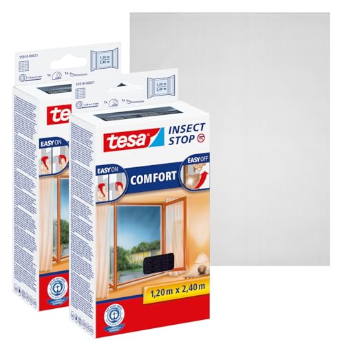 tesa Insect Stop COMFORT Fliegengitter für bodentiefe Fenster im 2er Pack - Insektenschutz selbstklebend - Fliegen Netz ohne Bohren - anthrazit (durchsichtig), 2x 120 cm x 240, 1,2m:2,4m von tesa