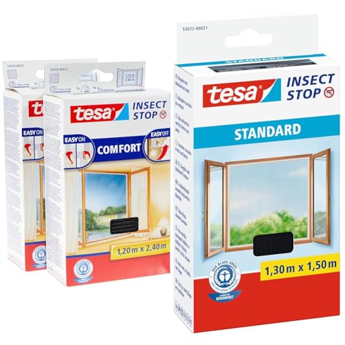 tesa Insect Stop COMFORT Fliegengitter für bodentiefe Fenster im 2er Pack & Insect Stop Standard Fliegengitter für Fenster - Insektenschutz zuschneidbar von tesa