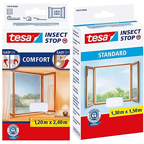tesa Insect Stop COMFORT Fliegengitter für bodentiefe Fenster- weiß (leichter sichtschutz), 120 cm x 240 cm & Insect Stop STANDARD Fliegengitter für Fenster, 1 x Fliegen Netz weiß - 130 cm x 150 cm von tesa