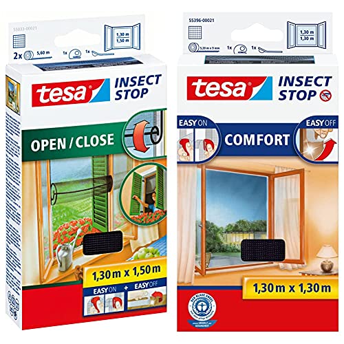 tesa Insect Stop COMFORT Open/Close Fliegengitter Fenster zum Öffnen und Schließen, 130 cm x 150 cm & Insect Stop COMFORT Fliegengitter für Fenster, 130 cm x 130 cm von tesa