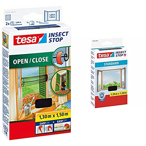 tesa Insect Stop COMFORT Open/Close Fliegengitter Fenster zum Öffnen und Schließen, 130 cm x 150 cm & Insect Stop STANDARD Fliegengitter für Fenster, 1 x Fliegen Netz anthrazit - 130 cm x 150 cm von tesa