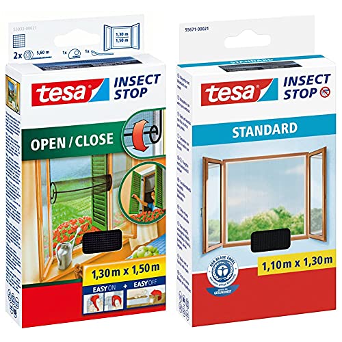 tesa Insect Stop COMFORT Open/Close Fliegengitter Fenster zum Öffnen und Schließen, 130 cm x 150 cm & Insect Stop STANDARD Fliegengitter für Fenster - 1 x Fliegen Netz anthrazit - 110 cm x 130 cm von tesa