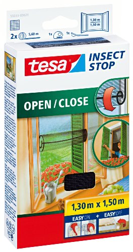 tesa Insect Stop COMFORT Open / Close Fliegengitter Fenster zum Öffnen & Schließen - Insektenschutz Rollo selbstklebend - Anthrazit, 130 cm x 150 cm von tesa