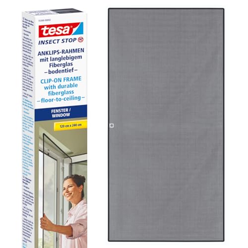 tesa Insect Stop Clip On - Fliegengitter zum Einklicken in bodentiefe PVC-Fenster - zuschneidbarer Rahmen, Netz aus langlebigem Fiberglas, Selbstklebende Halte-Klips - 1,2 x 2,4 m - Anthrazit von tesa