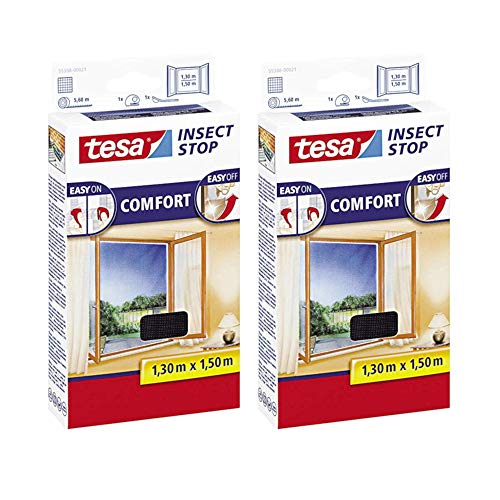 tesa Insect Stop Comfort Fliegengitter Fenster - Insektenschutz mit Klettband selbstklebend - Fliegen Netz ohne Bohren (2er Pack /130 cm x 150 cm, Anthrazit (Durchsichtig)) von tesa