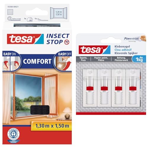 tesa Insect Stop Comfort Fliegengitter für Fenster & Verstellbarer Klebenagel (für Tapeten und Putz 1 kg, Höhenverstellbarer, Selbstklebender Wandnagel, bis zu 1 kg Halteleistung pro Nagel) 4er Pack von tesa