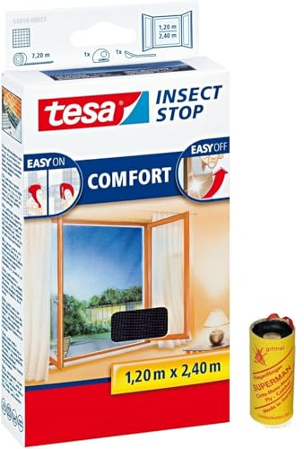 tesa Insect Stop Comfort Fliegengitter für bodentiefe Fenster/Insektenschutz mit Selbstklebendem Klettband in Anthrazit + 1 Rolle Fliegenfänger Gratis (2X 120 cm x 240 cm) von tesa