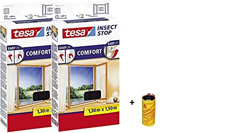 tesa Insect Stop Comfort Fliegengitter für bodentiefe Fenster/Insektenschutz mit Selbstklebendem Klettband in Anthrazit + 1 Rolle Fliegenfänger Gratis (2X 130 cm x 150 cm) von tesa