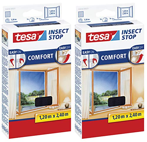 tesa Insect Stop Comfort Fliegengitter für bodentiefe Fenster (2er Pack /120 cm x 240 cm, Anthrazit (Durchsichtig)) von tesa