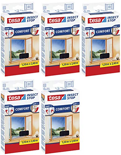 tesa Insect Stop Comfort Fliegengitter für bodentiefe Fenster (5er Pack /120 cm x 240 cm, Anthrazit (Durchsichtig)) von tesa
