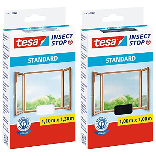 tesa Insect Stop STANDARD Fliegengitter für Fenster- 1 x Fliegen Netz weiß - 110 cm x 130 cm & Insect Stop STANDARD Fliegengitter für Fenster - 1 x Fliegen Netz anthrazit - 100 cm x 100 cm von tesa