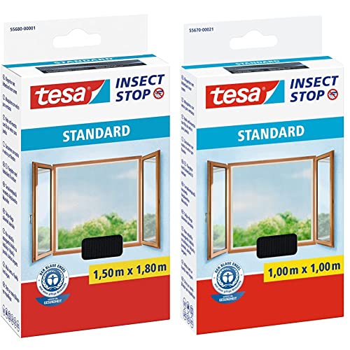 tesa Insect Stop STANDARD Fliegengitter für Fenster - Insektenschutz zuschneidbar - 150 cm x 180 cm & Insect Stop STANDARD Fliegengitter für Fenster - 1 x Fliegen Netz anthrazit - 100 cm x 100 cm von tesa