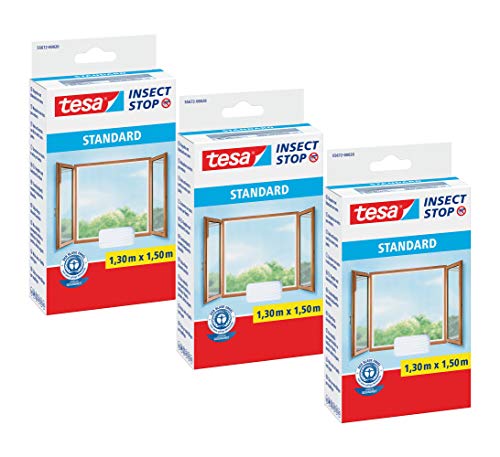 tesa Insect Stop STANDARD Fliegengitter für Fenster - Insektenschutz zuschneidbar Fliegen Netz (1,3m:1,5m, 3x Weiß) von tesa
