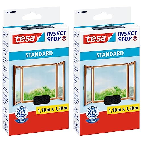 tesa Insect Stop STANDARD Fliegengitter für Fenster - Insektenschutz zuschneidbar - Mückenschutz ohne Bohren - 1 x Fliegen Netz anthrazit - 110 cm x 130 cm (Packung mit 2) von tesa