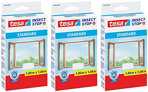 tesa Insect Stop STANDARD Fliegengitter für Fenster - Insektenschutz zuschneidbar - Mückenschutz ohne Bohren - 1 x Fliegen Netz weiß (1,0m:1,0m, 3 Stück, Weiß (Leichter Sichtschutz)) von tesa