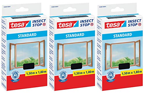 tesa Insect Stop STANDARD Fliegengitter für Fenster - Insektenschutz zuschneidbar - Mückenschutz ohne Bohren - Fliegen Netz anthrazit, 150 cm x 180 cm (1,5m:1,8m, 3 Stück, Anthrazit (Durchsichtig)) von tesa