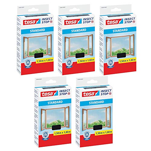 tesa Insect Stop STANDARD Fliegengitter für Fenster - Insektenschutz zuschneidbar - Mückenschutz ohne Bohren - Fliegen Netz anthrazit (1,5m:1,8m (5er Pack), Anthrazit (Durchsichtig)) von tesa