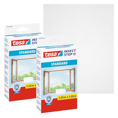 tesa Insect Stop STANDARD Fliegengitter für Fenster im 2er Pack - Insektenschutz zuschneidbar - Mückenschutz ohne Bohren - 1 x Fliegen Netz weiß - 150 cm x 180 cm von tesa